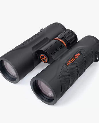 "Image of Athlon Cronus G2 UHD Binoculars, featuring a sleek black design with large objective lenses and comfortable eyecups. The binoculars are shown with their included accessories, such as a carrying case and neck strap, highlighting their robust build quality and high-definition optical performance."