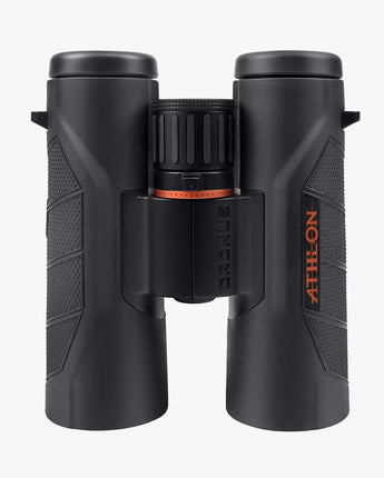 "Image of Athlon Cronus G2 UHD Binoculars, featuring a sleek black design with large objective lenses and comfortable eyecups. The binoculars are shown with their included accessories, such as a carrying case and neck strap, highlighting their robust build quality and high-definition optical performance."