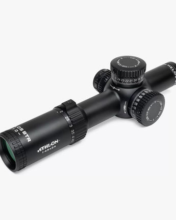 "Image of the Athlon Helos BTR 1-4.5x24 rifle scope, featuring a compact design with illuminated reticle, tactical turrets, and a versatile magnification range ideal for close to mid-range shooting."