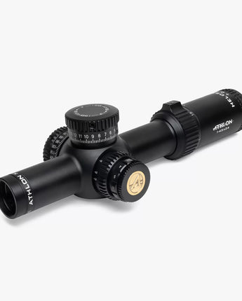 "Image of the Athlon Helos BTR 1-4.5x24 rifle scope, featuring a compact design with illuminated reticle, tactical turrets, and a versatile magnification range ideal for close to mid-range shooting."