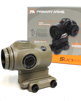 A compact, rugged optic featuring a sleek design in flat dark earth (FDE) color. The Primary Arms SLx 1x Microprism offers rapid target acquisition with its illuminated ACSS Cyclops reticle, perfect for both precision and quick shots.