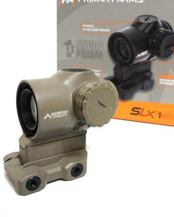 A compact, rugged optic featuring a sleek design in flat dark earth (FDE) color. The Primary Arms SLx 1x Microprism offers rapid target acquisition with its illuminated ACSS Cyclops reticle, perfect for both precision and quick shots.